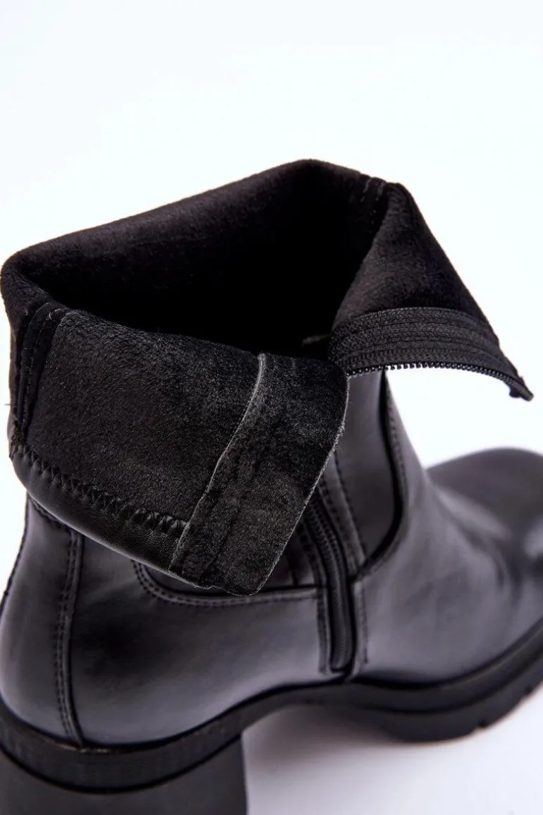 Skórzane Botki Damskie Na Masywnym Obcasie Czarne Fllavie