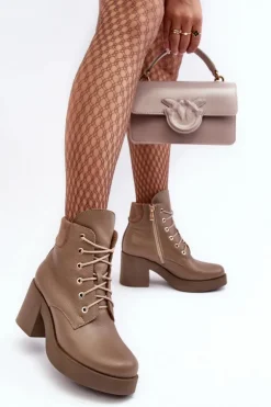 Skórzane Botki Damskie Na Słupku Ciemnobeżowe Lemar Leocera