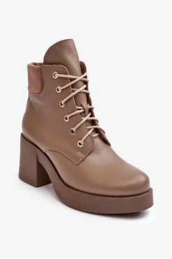 Skórzane Botki Damskie Na Słupku Ciemnobeżowe Lemar Leocera
