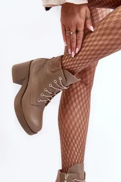 Skórzane Botki Damskie Na Słupku Ciemnobeżowe Lemar Leocera