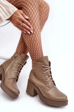 Skórzane Botki Damskie Na Słupku Ciemnobeżowe Lemar Leocera