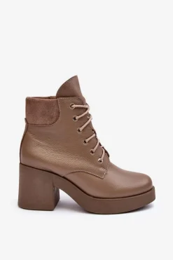 Skórzane Botki Damskie Na Słupku Ciemnobeżowe Lemar Leocera