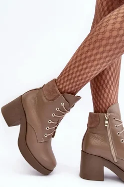 Skórzane Botki Damskie Na Słupku Ciemnobeżowe Lemar Leocera