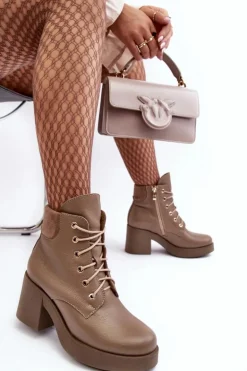 Skórzane Botki Damskie Na Słupku Ciemnobeżowe Lemar Leocera