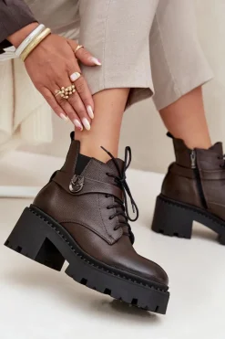 Skórzane Botki Damskie Na Klocku Z Ozdobnym Paskiem Ocieplane Zazoo 60557 Czekoladowe