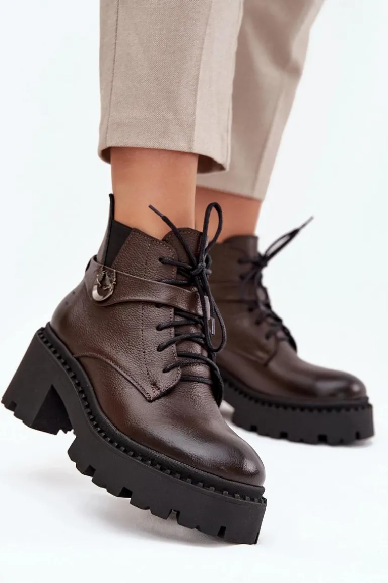 Skórzane Botki Damskie Na Klocku Z Ozdobnym Paskiem Ocieplane Zazoo 60557 Czekoladowe