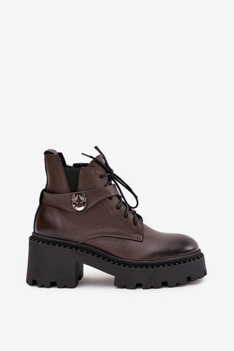 Skórzane Botki Damskie Na Klocku Z Ozdobnym Paskiem Ocieplane Zazoo 60557 Czekoladowe