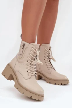 Skórzane Botki Damskie Na Klocku Ocieplane Vinceza 86418 Beżowe