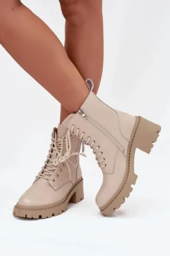 Skórzane Botki Damskie Na Klocku Ocieplane Vinceza 86418 Beżowe