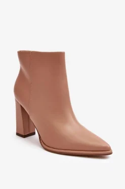 Skórzane Botki Damskie Na Słupku Beżowe Saitana