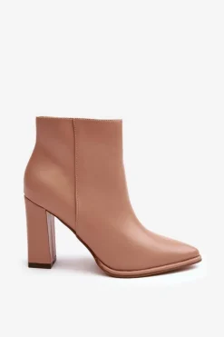 Skórzane Botki Damskie Na Słupku Beżowe Saitana