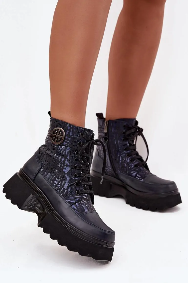 Skórzane Botki Damskie Na Platformie Z Napisami I Ozdobnym Detalem Artiker 57C2271 Granatowe