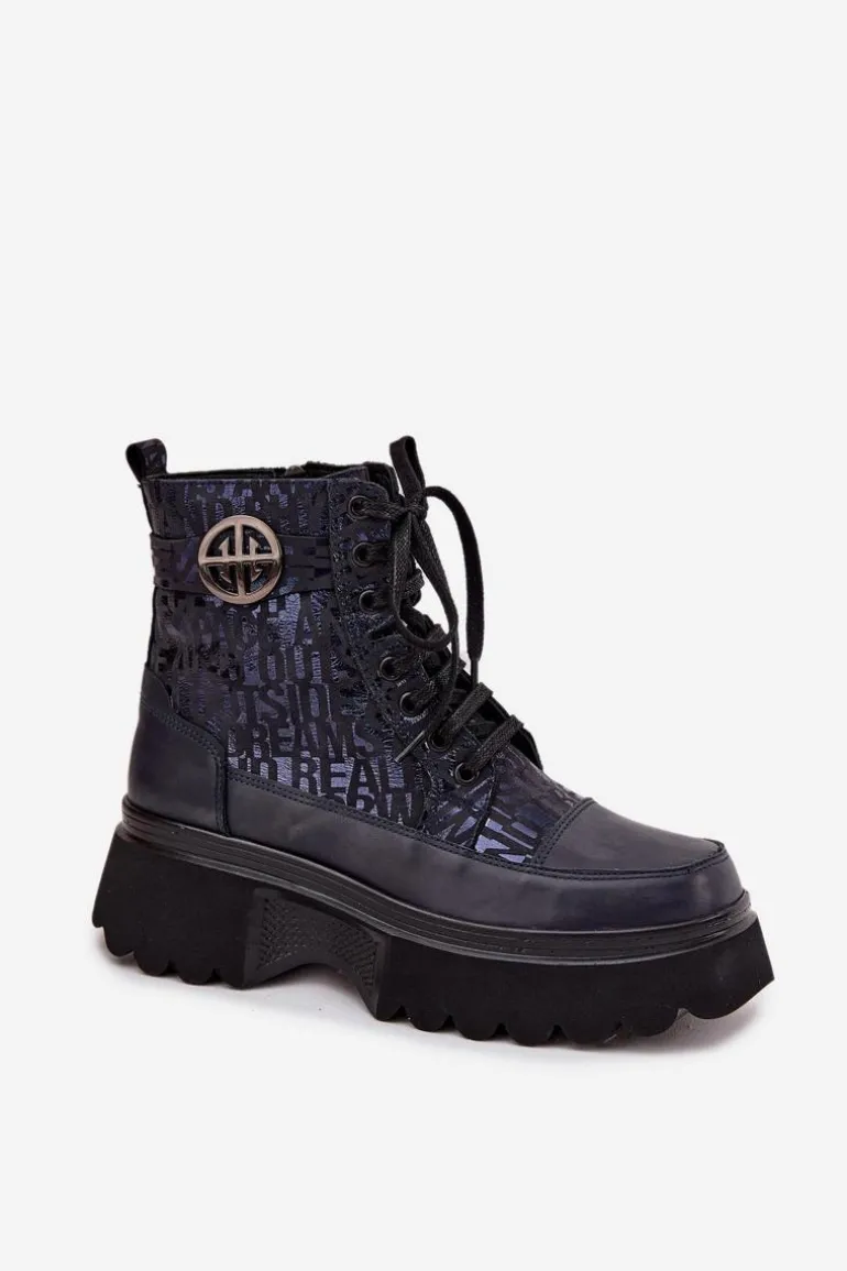 Skórzane Botki Damskie Na Platformie Z Napisami I Ozdobnym Detalem Artiker 57C2271 Granatowe