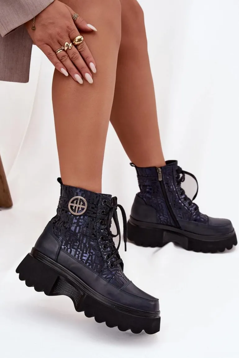 Skórzane Botki Damskie Na Platformie Z Napisami I Ozdobnym Detalem Artiker 57C2271 Granatowe