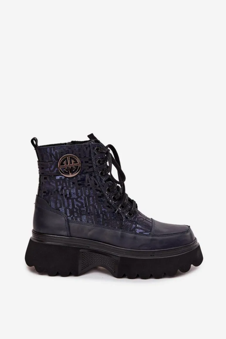 Skórzane Botki Damskie Na Platformie Z Napisami I Ozdobnym Detalem Artiker 57C2271 Granatowe