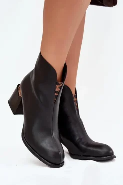 Skórzane Botki Damskie Na Słupku Vinceza 66811 Czarne