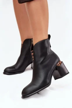 Skórzane Botki Damskie Na Słupku Vinceza 66811 Czarne