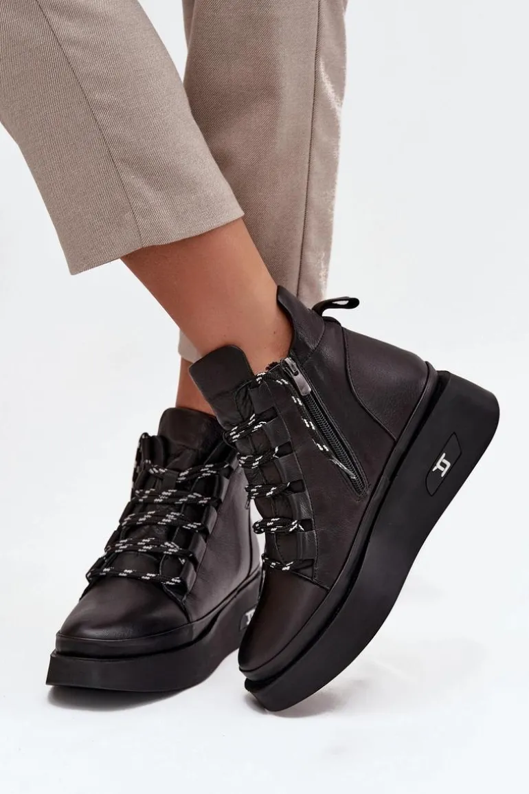 Skórzane Botki Damskie Na Platformie Ocieplane Artiker 55C0809 Czarne
