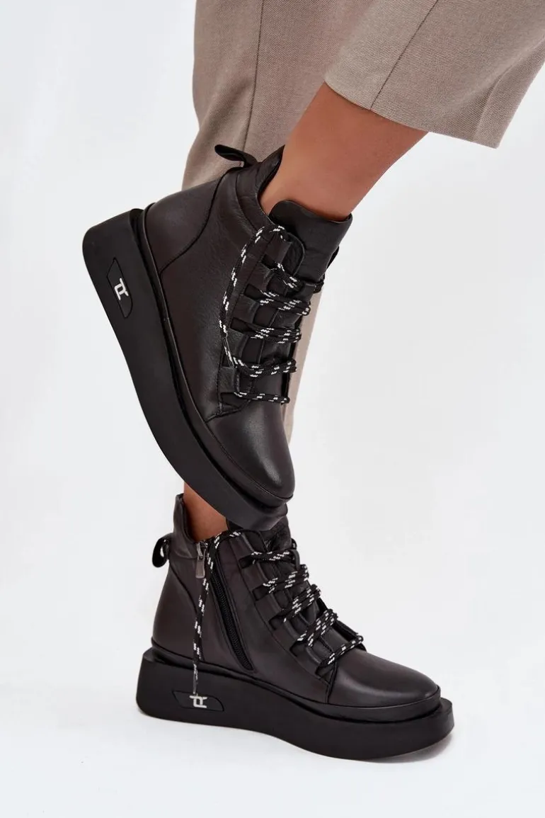 Skórzane Botki Damskie Na Platformie Ocieplane Artiker 55C0809 Czarne