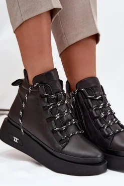 Skórzane Botki Damskie Na Platformie Ocieplane Artiker 55C0809 Czarne