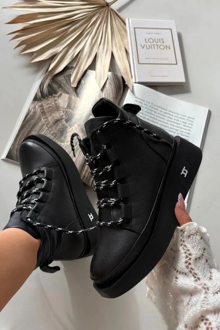 Skórzane Botki Damskie Na Platformie Ocieplane Artiker 55C0809 Czarne