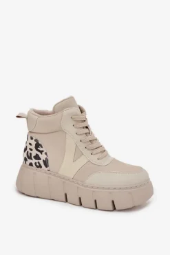 Skórzane Botki Damskie Na Platformie Ocieplane Vinceza 66838 Beżowe