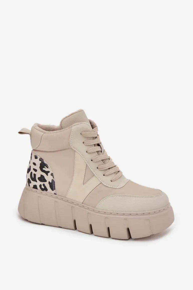 Skórzane Botki Damskie Na Platformie Ocieplane Vinceza 66838 Beżowe