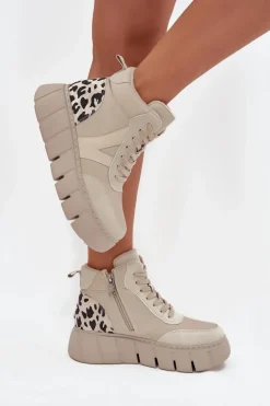 Skórzane Botki Damskie Na Platformie Ocieplane Vinceza 66838 Beżowe