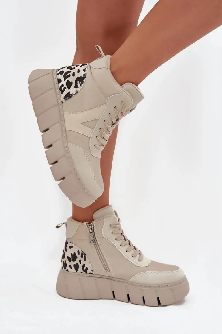 Skórzane Botki Damskie Na Platformie Ocieplane Vinceza 66838 Beżowe