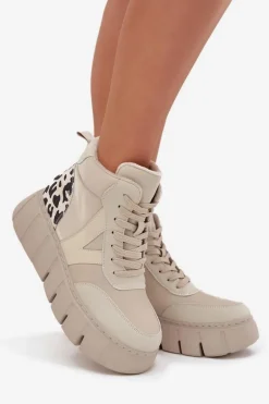 Skórzane Botki Damskie Na Platformie Ocieplane Vinceza 66838 Beżowe