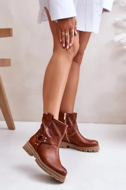 Skórzane Botki Damskie Na Płaskim Obcasie Lewski 3610 Brązowe