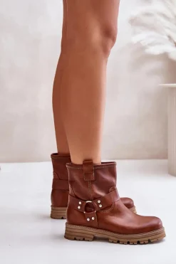 Skórzane Botki Damskie Na Płaskim Obcasie Lewski 3610 Brązowe