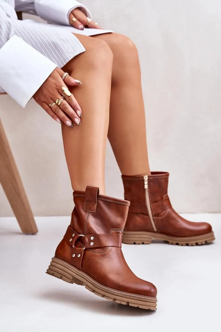 Skórzane Botki Damskie Na Płaskim Obcasie Lewski 3610 Brązowe