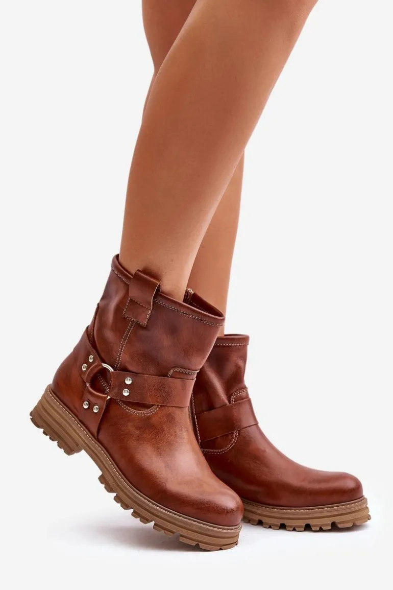 Skórzane Botki Damskie Na Płaskim Obcasie Lewski 3610 Brązowe