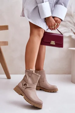 Skórzane Botki Damskie Na Płaskim Obcasie Lewski 3610 Beżowe