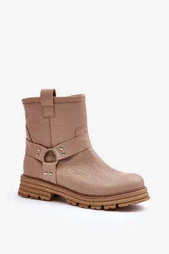 Skórzane Botki Damskie Na Płaskim Obcasie Lewski 3610 Beżowe