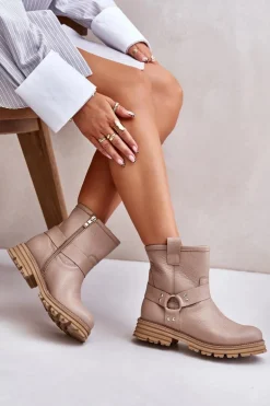 Skórzane Botki Damskie Na Płaskim Obcasie Lewski 3610 Beżowe