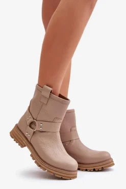 Skórzane Botki Damskie Na Płaskim Obcasie Lewski 3610 Beżowe