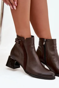 Skórzane Botki Damskie Na Obcasie Ocieplane Zazoo 60563 Czekoladowe