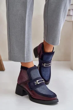 Skórzane Botki Damskie Na Masywnym Obcasie Z Ozdobą Maciejka 06747-23 Bordowo-Granatowe