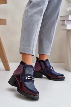 Skórzane Botki Damskie Na Masywnym Obcasie Z Ozdobą Maciejka 06747-23 Bordowo-Granatowe