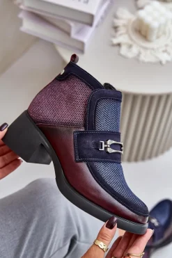 Skórzane Botki Damskie Na Masywnym Obcasie Z Ozdobą Maciejka 06747-23 Bordowo-Granatowe