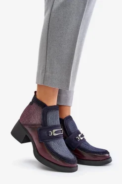 Skórzane Botki Damskie Na Masywnym Obcasie Z Ozdobą Maciejka 06747-23 Bordowo-Granatowe