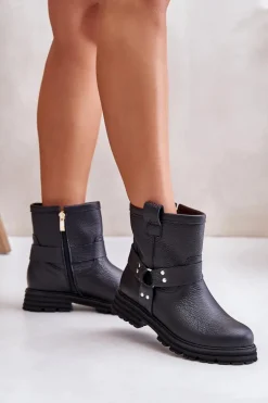 Skórzane Botki Damskie Na Płaskim Obcasie Lewski 3610 Czarne