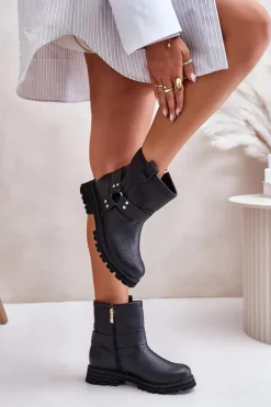 Skórzane Botki Damskie Na Płaskim Obcasie Lewski 3610 Czarne