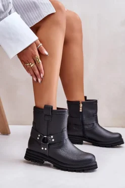 Skórzane Botki Damskie Na Płaskim Obcasie Lewski 3610 Czarne