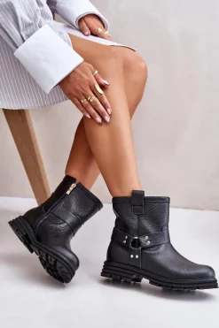 Skórzane Botki Damskie Na Płaskim Obcasie Lewski 3610 Czarne