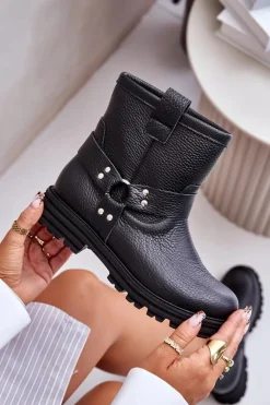 Skórzane Botki Damskie Na Płaskim Obcasie Lewski 3610 Czarne