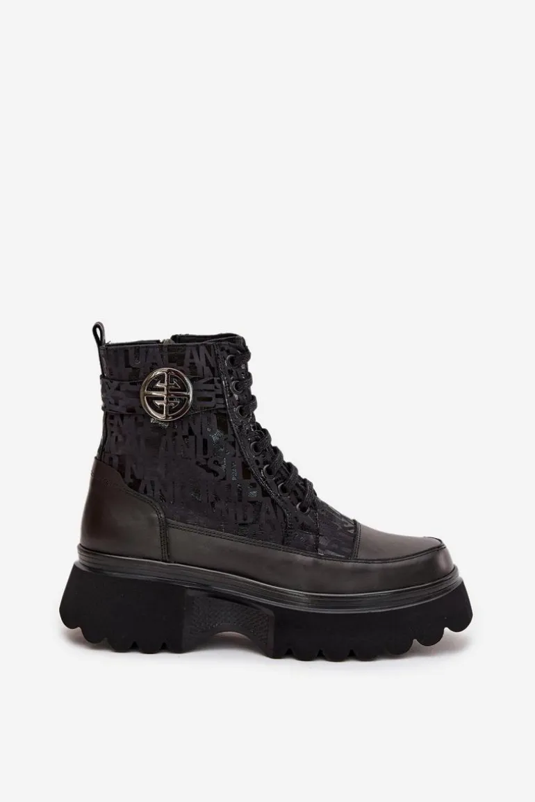 Skórzane Botki Damskie Na Platformie Z Napisami I Ozdobnym Detalem Artiker 57C2273 Czarne