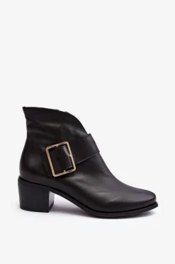 Skórzane Botki Damskie Na Niskim Słupku Z Klamrą Czarne Liliane